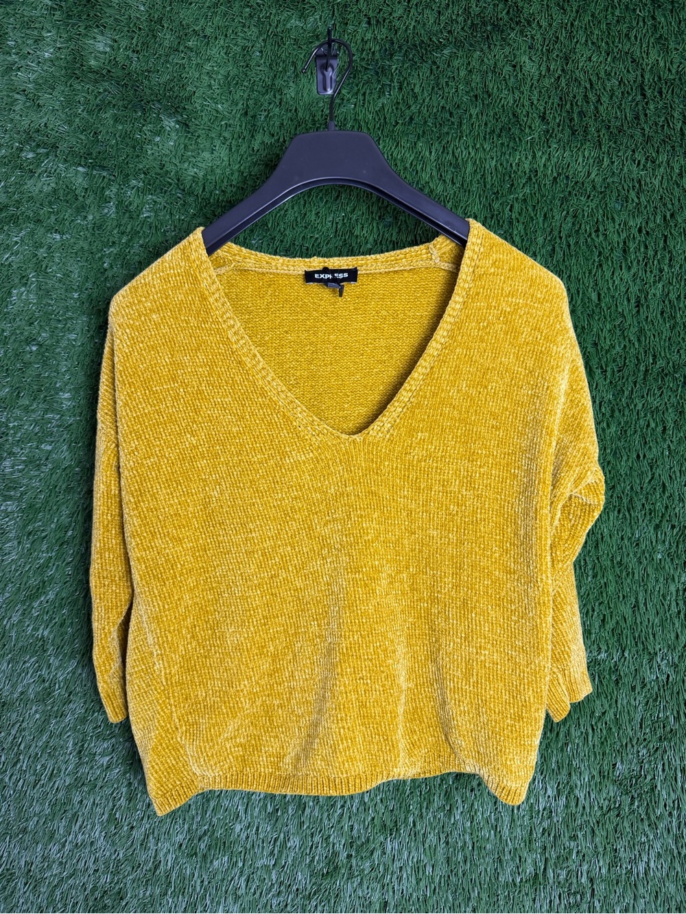 Express Chenille V-Neck Sweater in Mustard Yellow